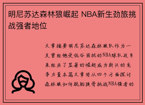 明尼苏达森林狼崛起 NBA新生劲旅挑战强者地位
