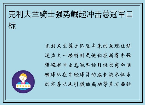 克利夫兰骑士强势崛起冲击总冠军目标