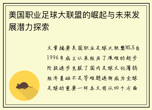 美国职业足球大联盟的崛起与未来发展潜力探索