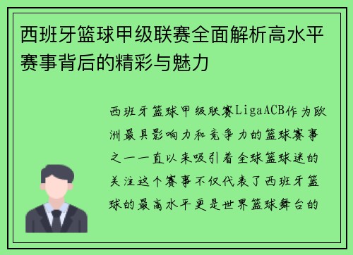 西班牙篮球甲级联赛全面解析高水平赛事背后的精彩与魅力