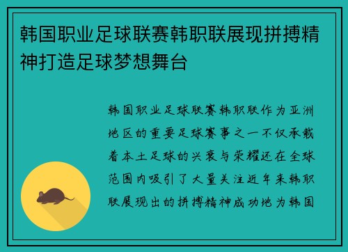 韩国职业足球联赛韩职联展现拼搏精神打造足球梦想舞台